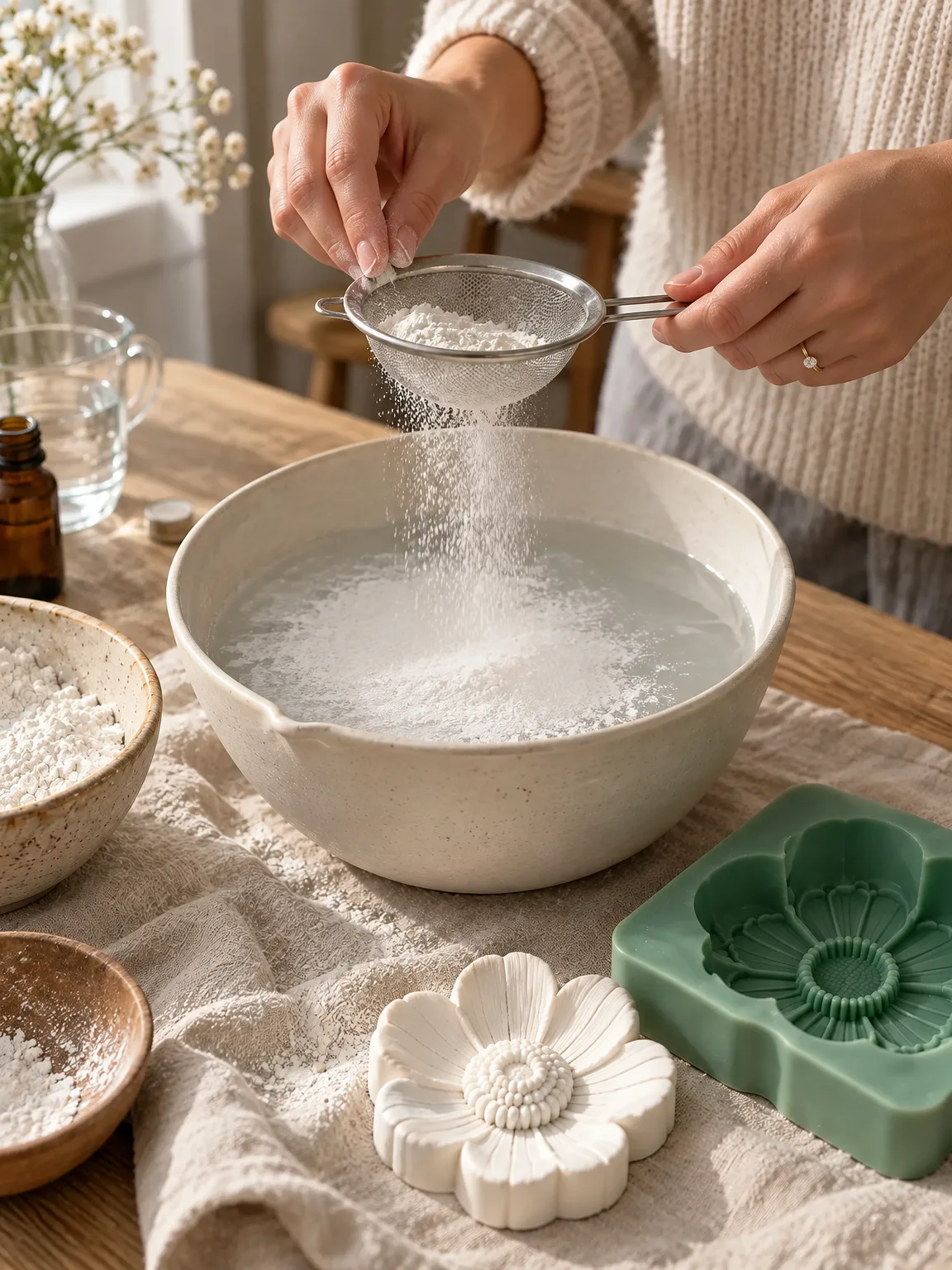 Woman sifting white plaster over water in a bowl, creating an even surface film