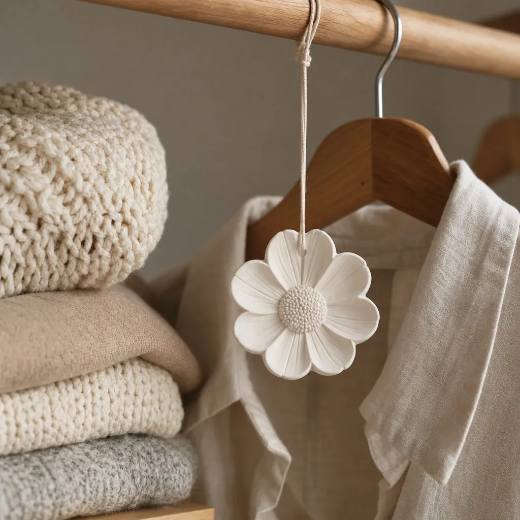 White plaster flower diffuser hanging beside folded neutral textiles