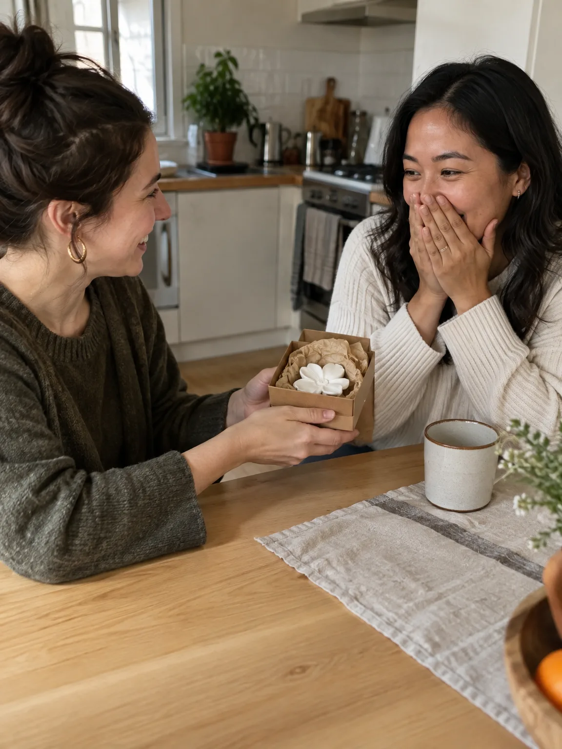 Two friends at a kitchen table as one gives the other a kraft box with a plaster flower