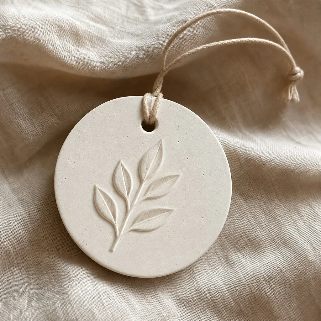 White plaster botanical aroma tags arranged on natural linen
