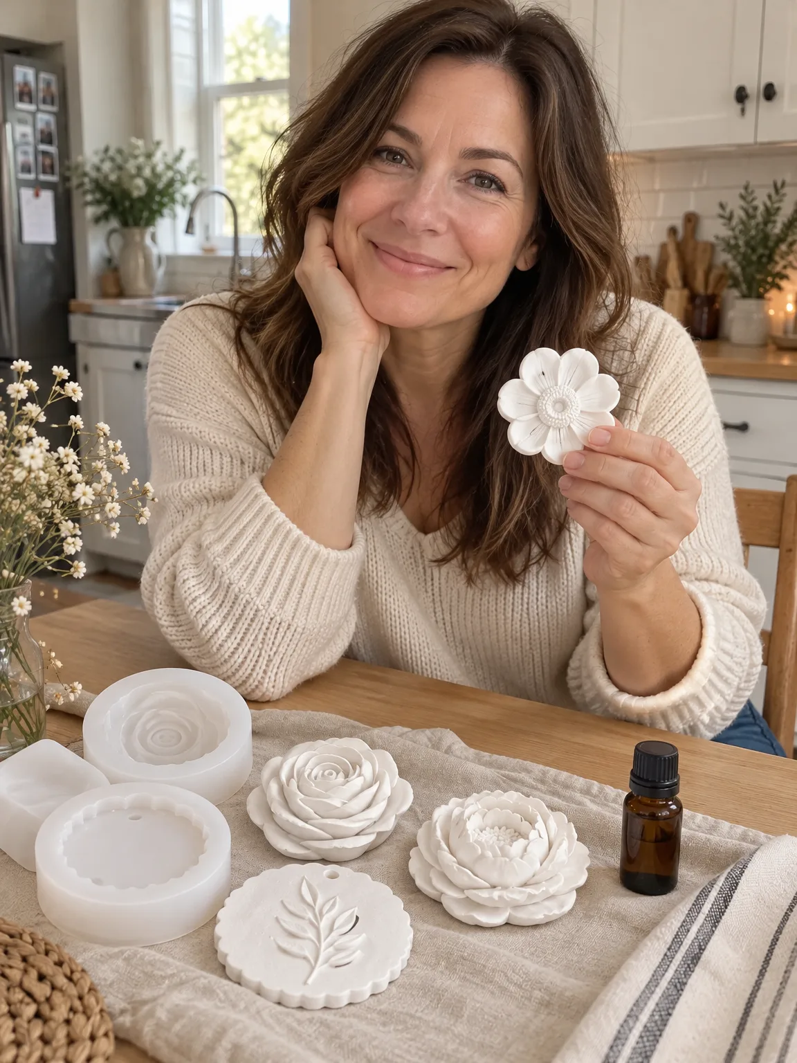 Woman smiling in her home kitchen while holding a finished white plaster flower beside molds, plaster pieces and amber fragrance oil