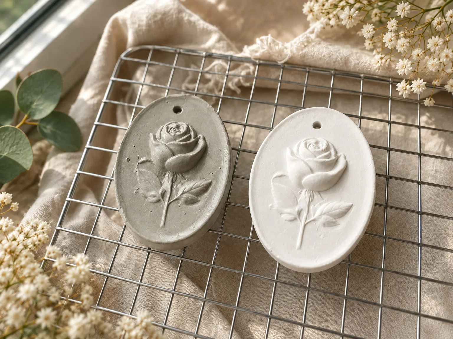 Grey wet plaster rose beside a chalk-white dry plaster rose