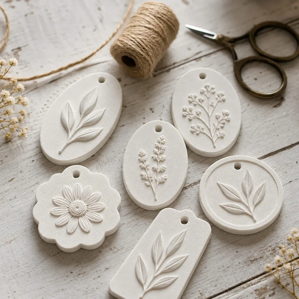Plaster aroma pieces arranged among soft linens and neutral textiles