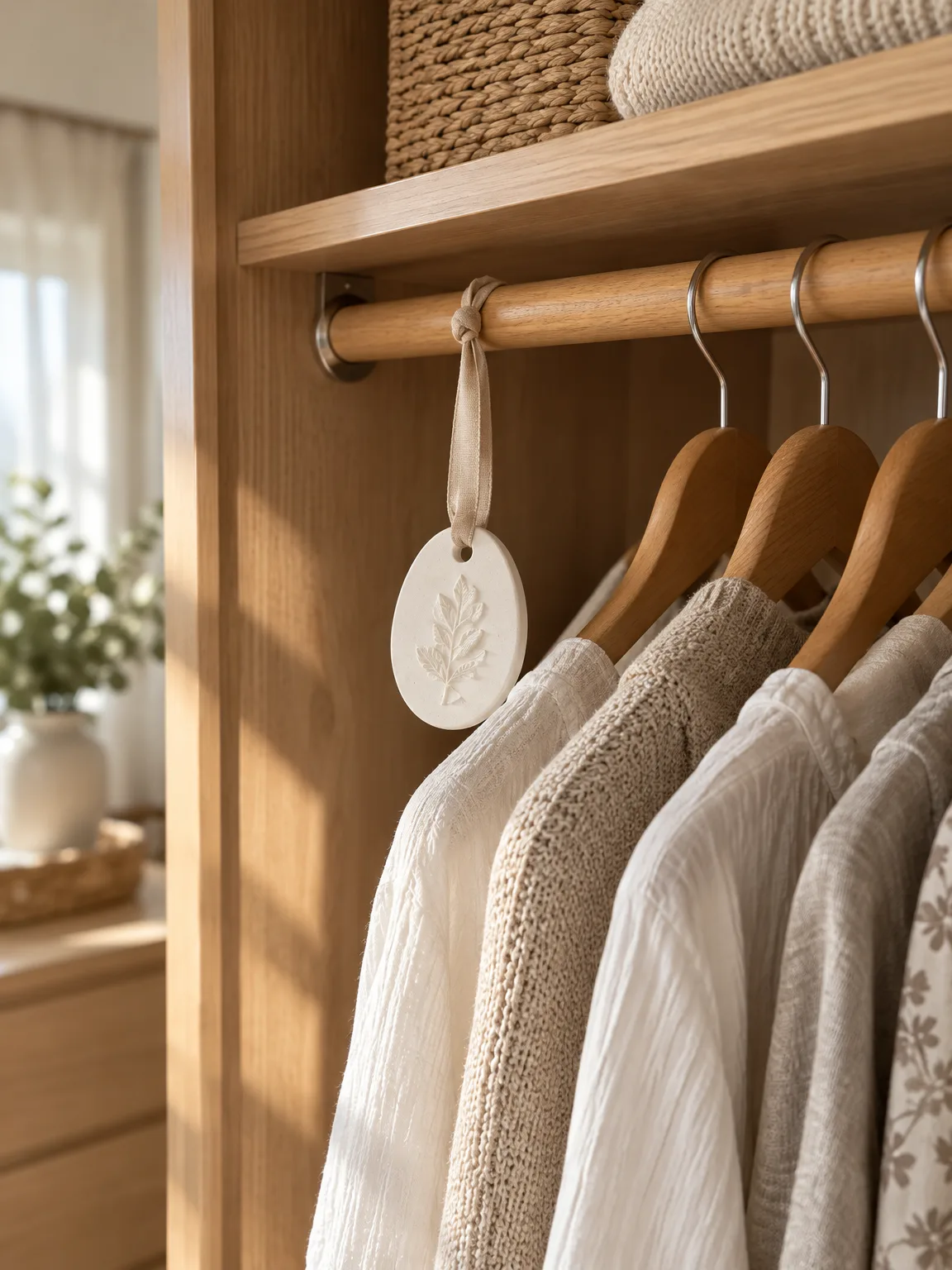 White plaster leaf stone hanging from a linen ribbon inside a cream-toned wardrobe