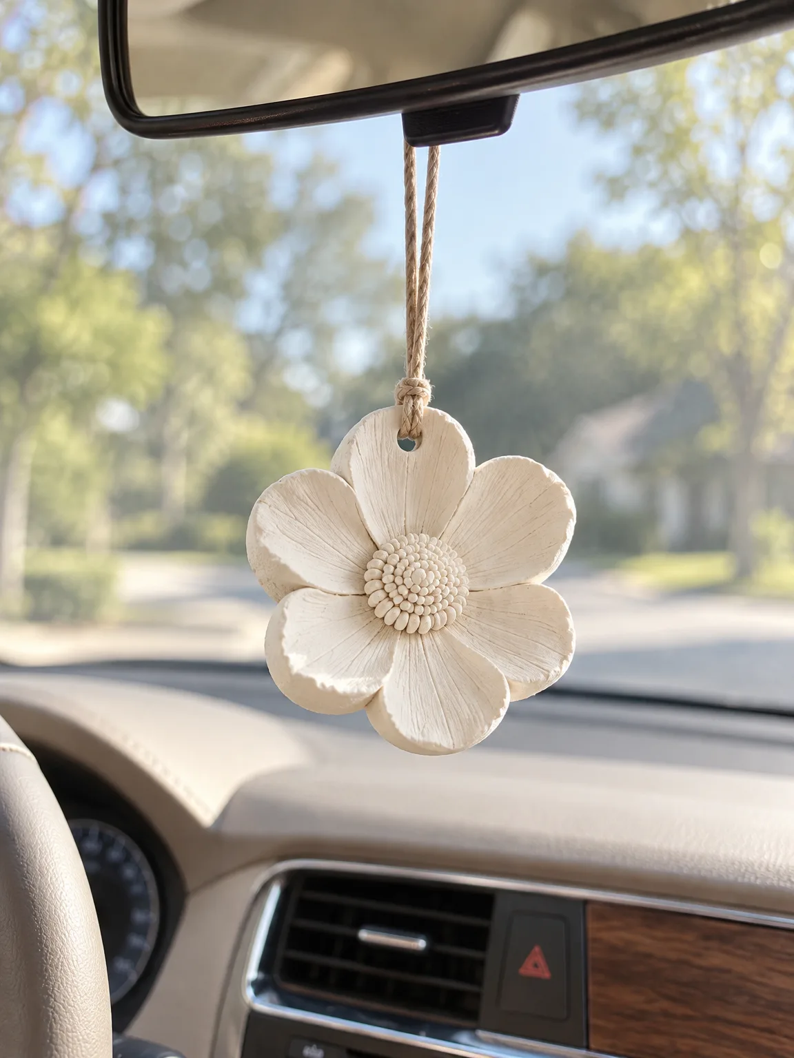 White plaster flower stone hanging from the rearview mirror inside a beige car
