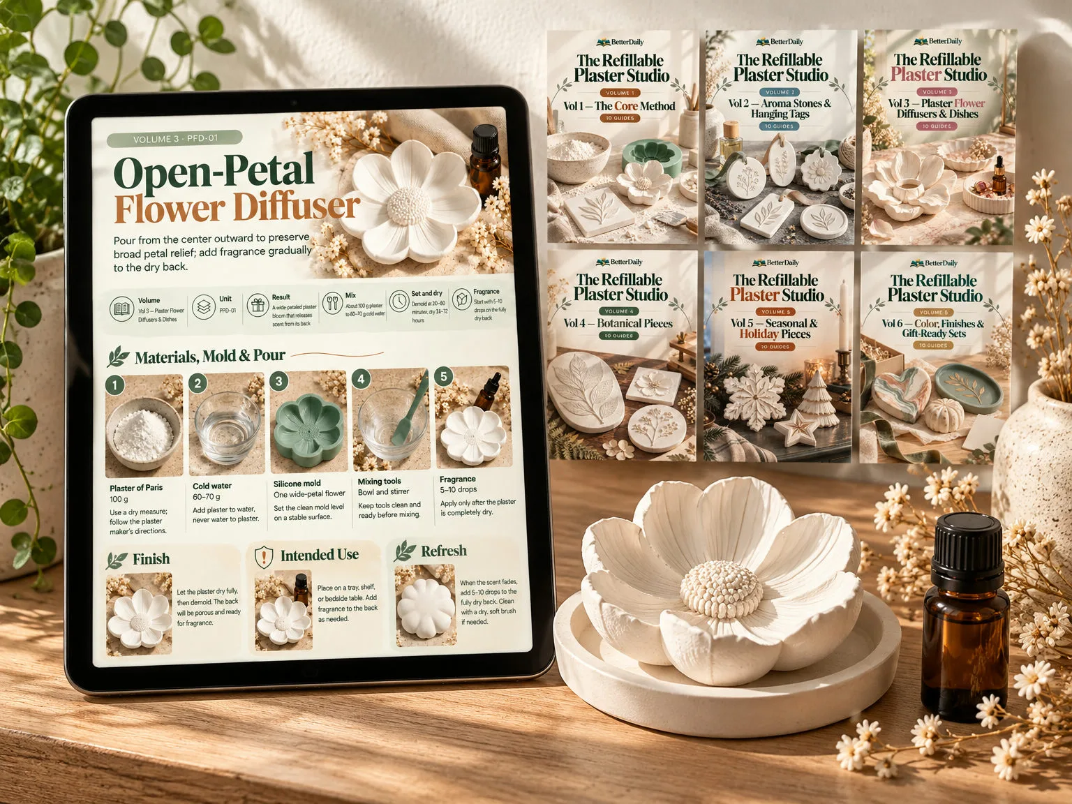 White plaster flower diffuser on a wooden shelf beside books and greenery