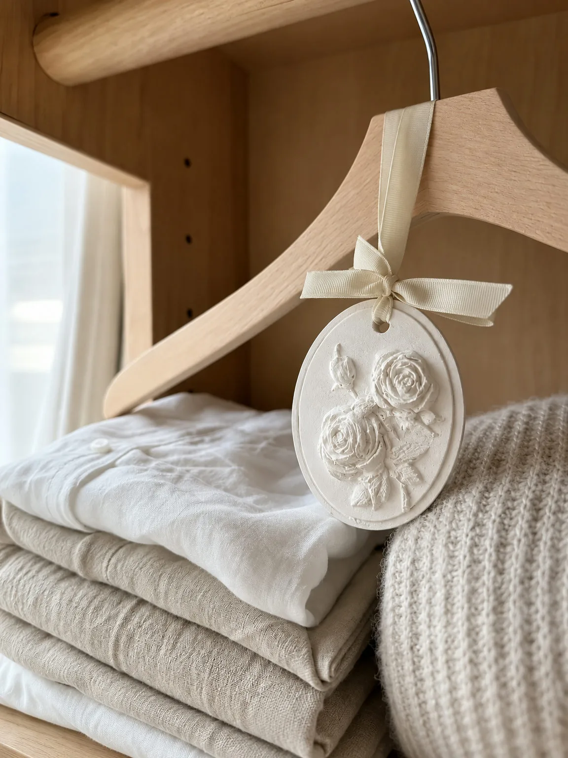 Plaster aroma tag hanging in a calm wardrobe