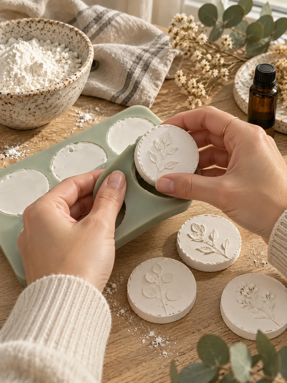 Woman demolding a dry white plaster piece from a silicone mold beside other finished plaster pieces