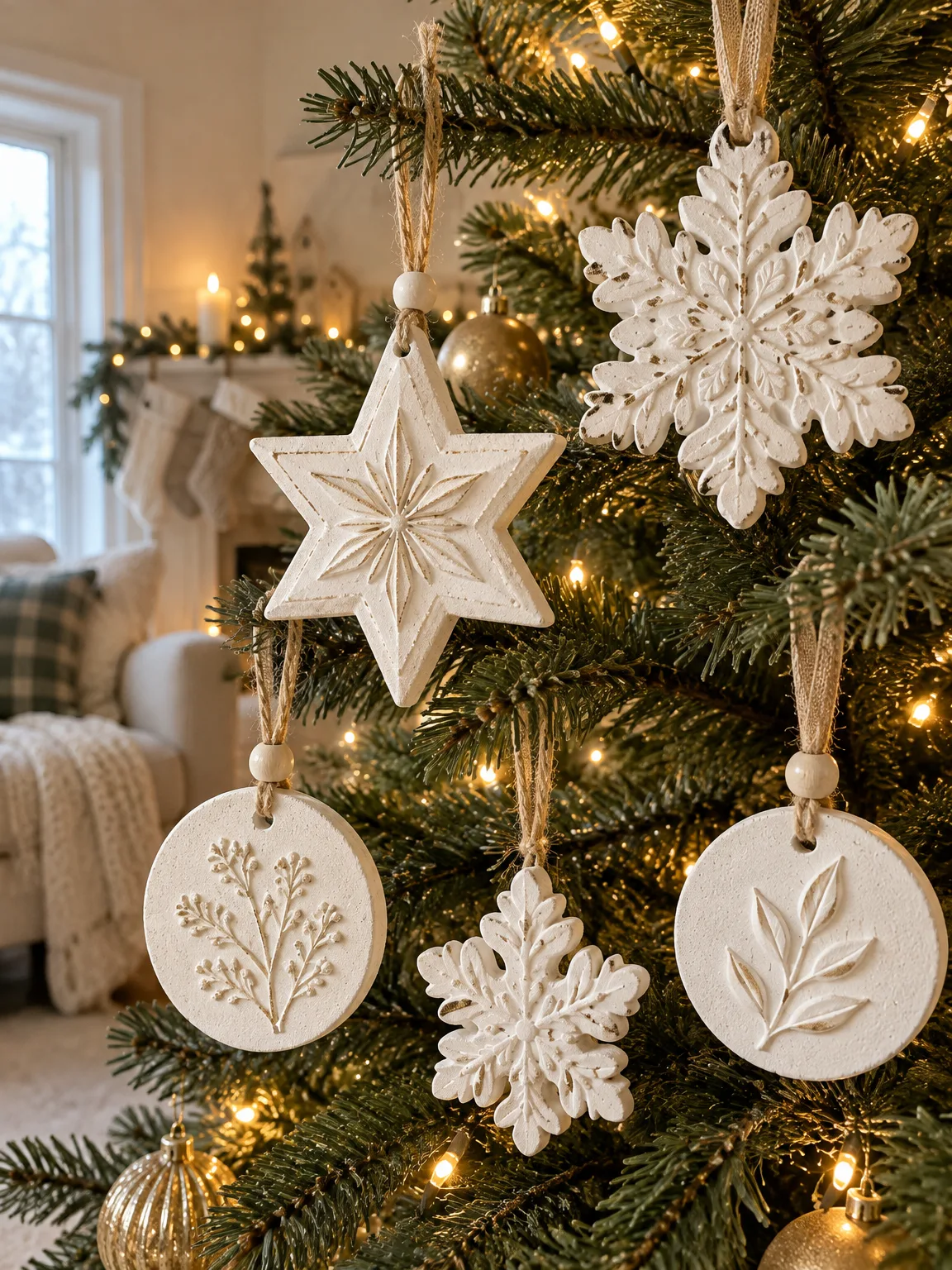 White plaster stars and snowflake ornaments hanging on a Christmas tree with warm lights