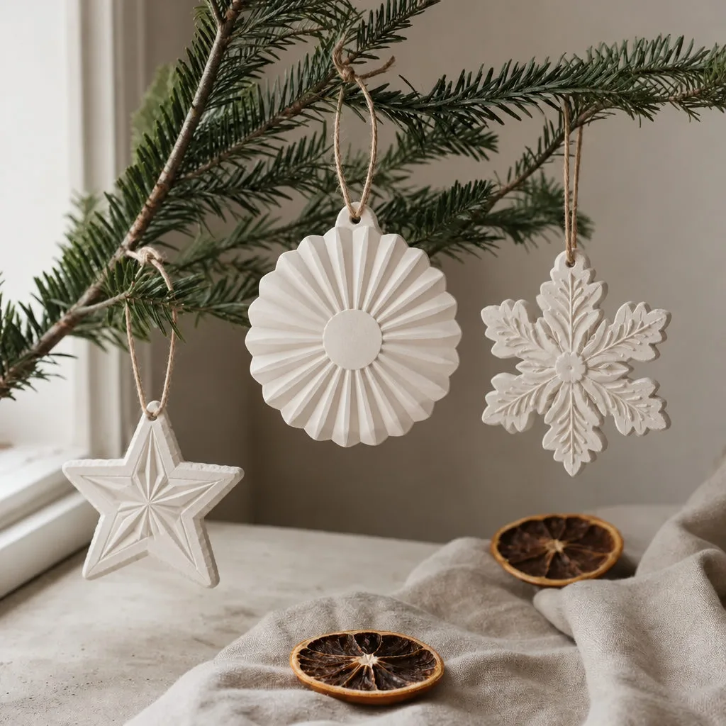 White plaster seasonal pieces arranged in a welcoming home entryway