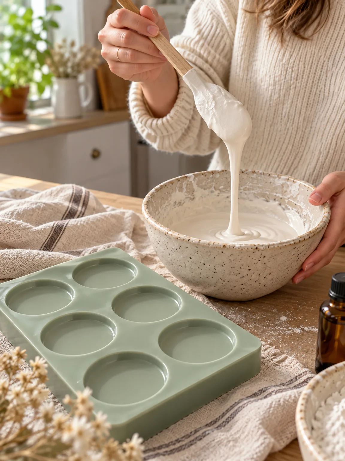 Woman lifting a wooden spatula as plaster falls in a smooth ribbon into a bowl beside a round-cavity silicone mold