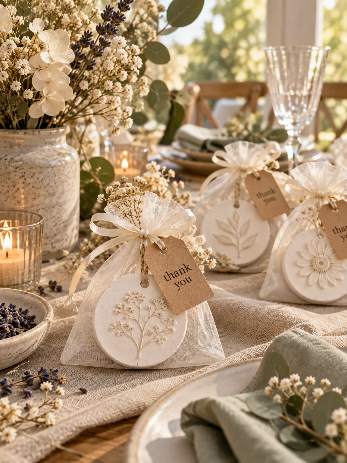 Wedding table with plaster keepsakes in organza bags, kraft thank-you tags and dried flowers