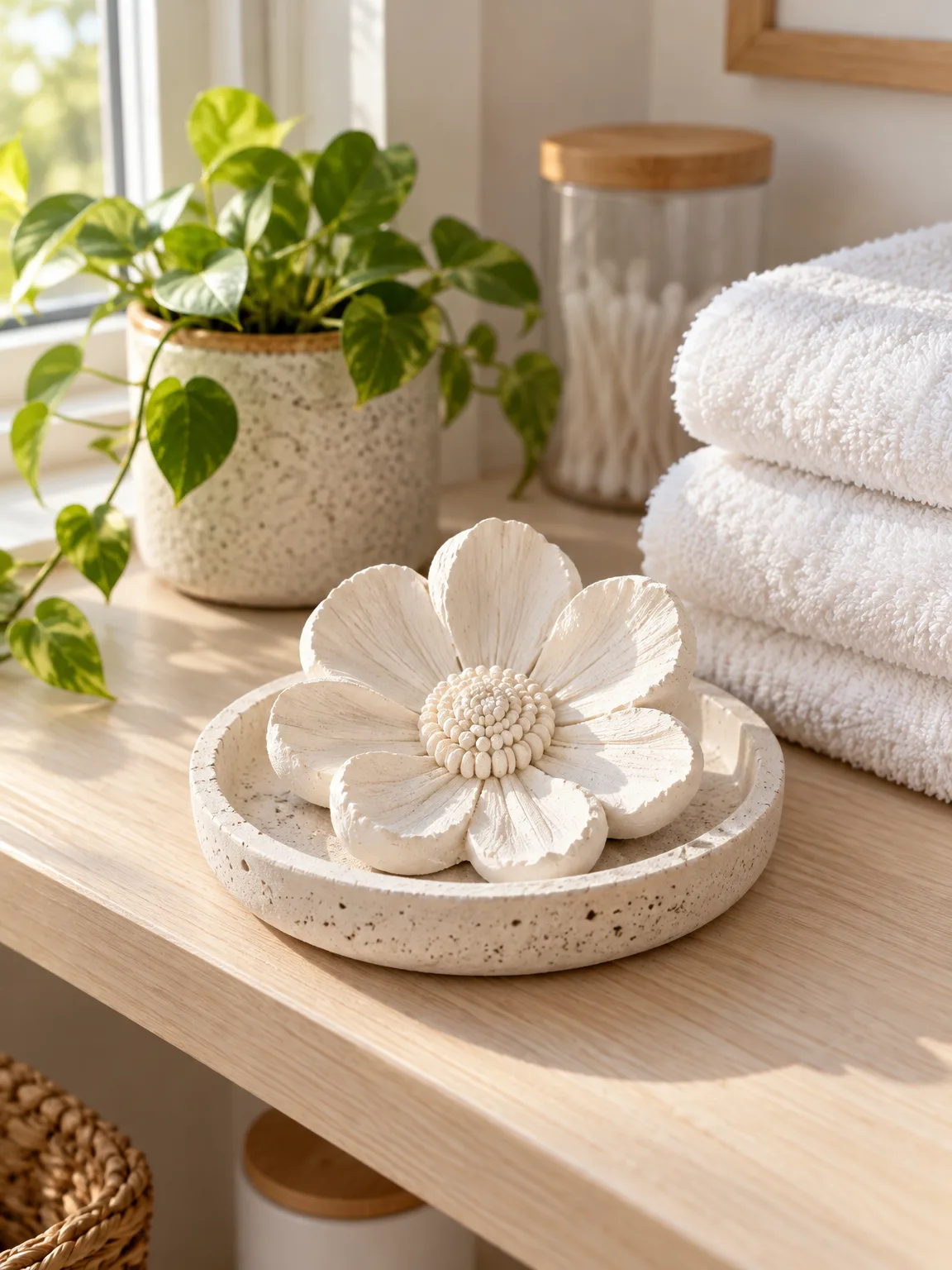 White plaster flower dish on a bathroom shelf beside folded towels and a plant