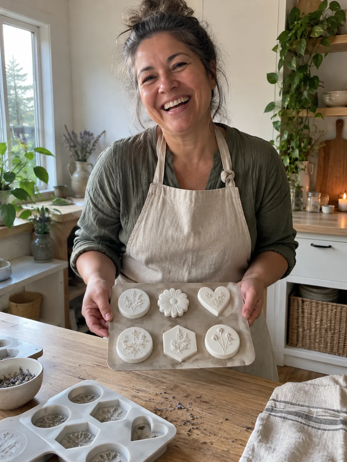 Woman in a linen apron proudly showing a tray of six freshly demolded plaster pieces