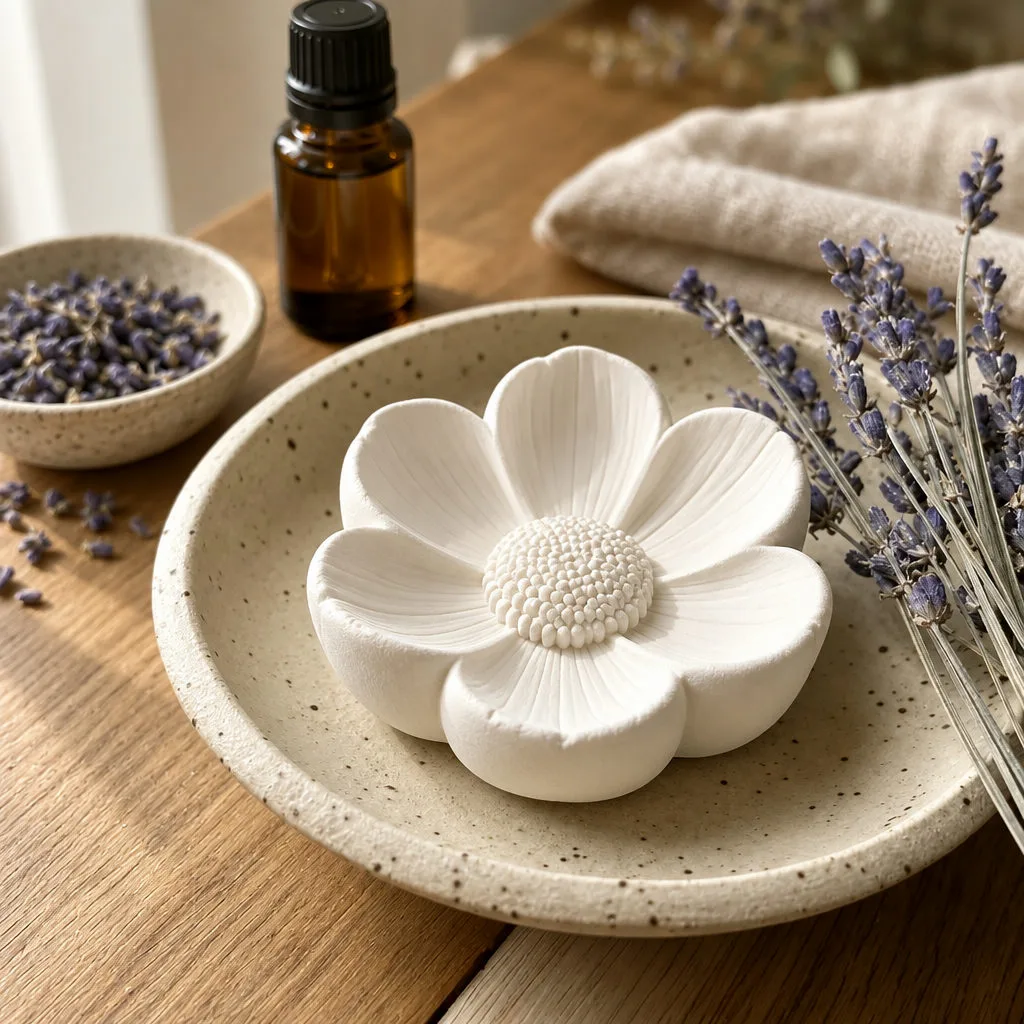 White plaster flower diffuser resting in a small dish beside dried lavender