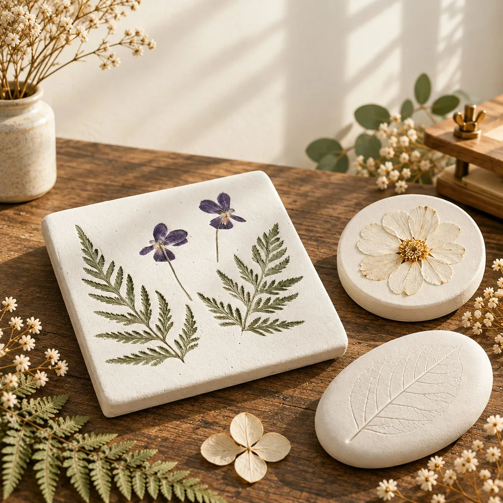 White plaster botanical tiles arranged with dried greenery and natural materials