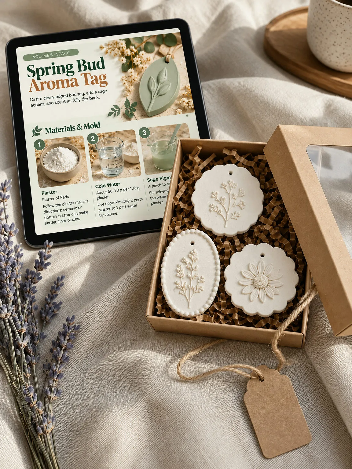 Small plaster pieces arranged in a kraft gift box