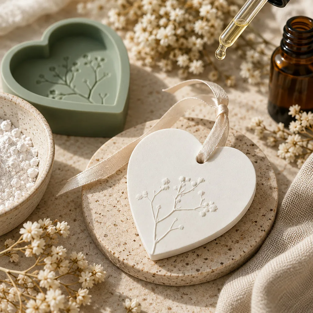 Hands holding a heart-shaped botanical plaster piece